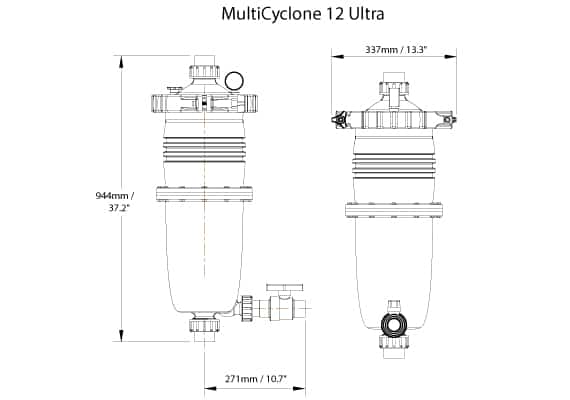Dimensions Filtre centrifuge à cartouche Waterco Multicyclone Ultra 12